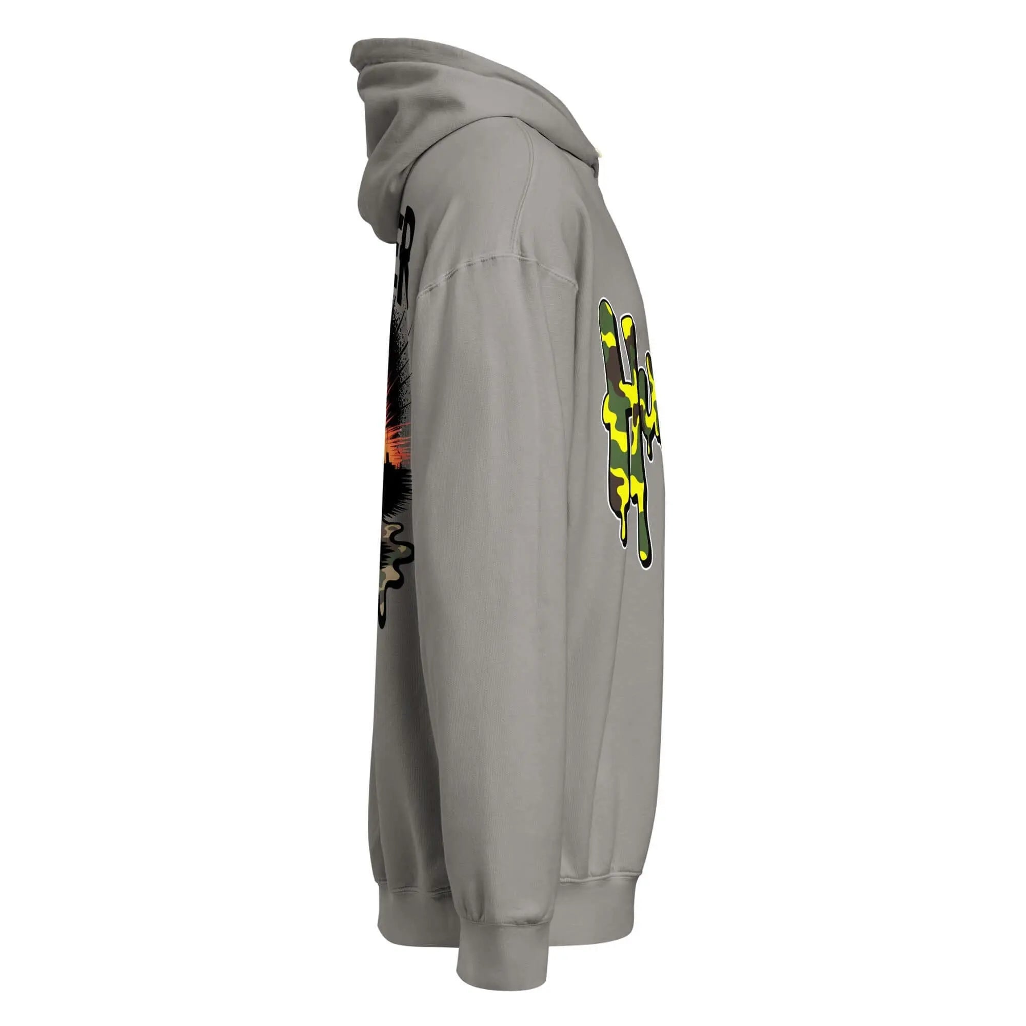Trippy Melted Camo Soup Unisex garment-dyed lightweight hoodie.