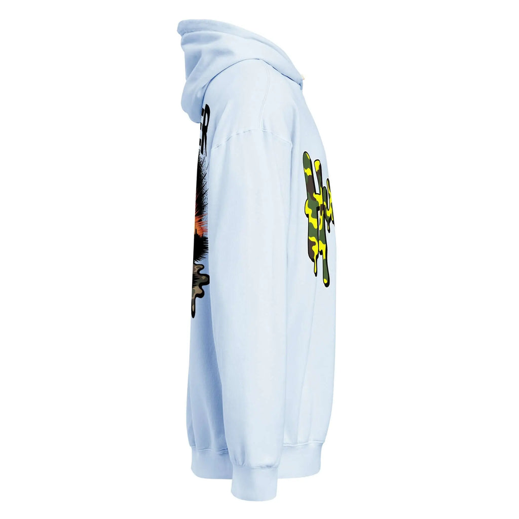 Trippy Melted Camo Soup Unisex garment-dyed lightweight hoodie.