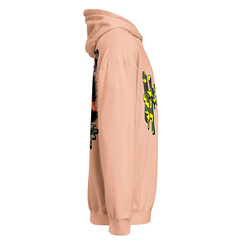 Trippy Melted Camo Soup Unisex garment-dyed lightweight hoodie.