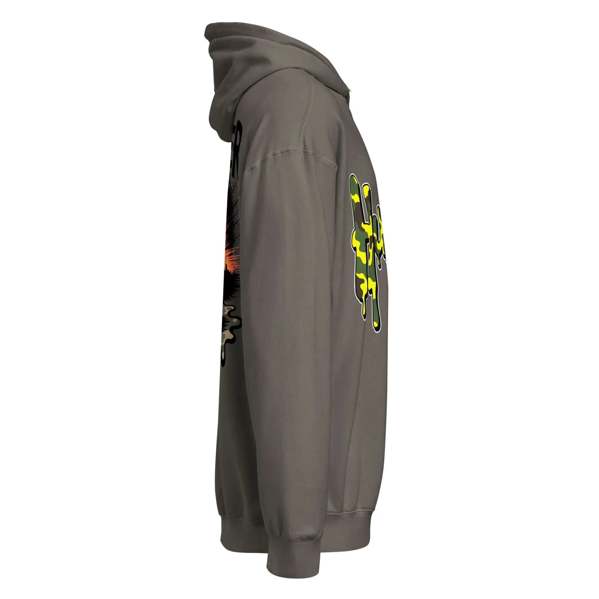 Trippy Melted Camo Soup Unisex garment-dyed lightweight hoodie.